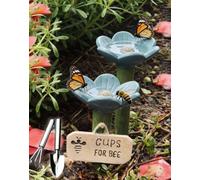 Bee Watering Station for Garden - Ceramic Flower-Shaped Bee & Butterfly Water Feeder - Weatherproof Insect Water Bowl with Safe Landing Surface - Outdoor Bee Bath for Balcony, Patio & Yard (Blue)