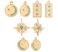 Beebeecraft 1 boîte 10pcs 5 Styles Étoile Lune Breloques en Acier Inoxydable Plaqué Or 18K Plat Rond Rectangle Strass Pendentifs Breloque pour Boucle d'oreille Collier Bracelet