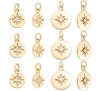 Beebeecraft 1 Scatola 12 Pezzi 2 Stili di Ciondoli Piatti e Rotondi in Ottone Placcato Oro 18K con Zirconi Cubici Ciondoli Pendenti A Forma di Stella Polare per La Creazione di Gioielli per Orecchini