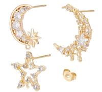 Beebeecraft 1 Scatola 6 Pezzi Perni per Orecchini con Anello Placcato in Oro 18K con Zirconi Cubici Sole Luna Stella Orecchini con Foro e 6 Pezzi Dadi per Orecchie per Orecchini Fai da Te Creazione