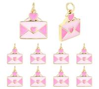 Beebeecraft 1 Scatola da 10 Pezzi con Ciondolo A Forma di Busta per La Creazione di Gioielli in Ottone Placcato Oro 18K Smalto Rosa A Forma di Cuore con Lettera d'Amore Ciondolo per Artigianato Fai