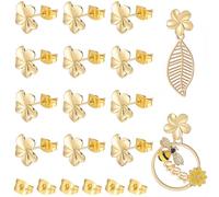 Beebeecraft 1 Scatola da 12 Orecchini A Perno A Forma di Fiore con Anello in Ottone Placcato Oro 18K Perni per Orecchini e Dadi per La Creazione di Gioielli Fai da Te. Perno: 0.7x12mm