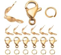 Beebeecraft 1 Scatola Set di Accessori per Creazione di Gioielli Placcato Oro 18k 100 Pezzi Coprinodi A Conchiglia Punte Ripiegabili Perline 50 Pezzi Fermagli A Moschettone 100 Pezzi Anelli di Salto