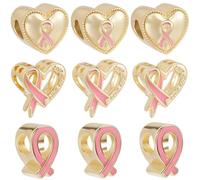 Beebeecraft 12 pz 3 stili Perline Nastro Rosa Perline Consapevolezza Cancro Al Seno Smalto 18K Placcato Oro A Forma di Cuore Europeo Grande Foro per La Creazione di Gioielli Fai Da Te Braccialetto