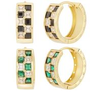 Beebeecraft 2 Paio di Orecchini A Cerchio A Scacchi in 2 Colori Piccoli Orecchini A Cerchio Rotondi A Scacchiera in Ottone Placcato Oro 18K Multicolore Bianchi Neri e Verdi con Zirconi Cubici Regalo
