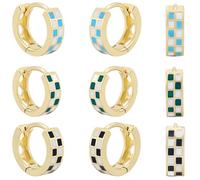 Beebeecraft 3 Paio di Orecchini A Cerchio A Scacchi in 3 Colori Piccoli Multicolore Bianco Nero Verde Blu in Ottone Placcato Oro 18K Smaltati A Forma di Scacchiera Rotondi Cerchi Orecchini Huggie per