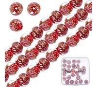 Beebeecraft 30Pcs 12mm Perle di Vetro di Murano Oro Sabbia di Murano Perle Distanziatrici Rotonde Sciolte Fiore Intarsiato Distanziatore Perline per Bracciale Collana Rosario (Rosso)