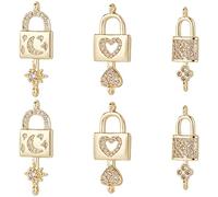 Beebeecraft 6 Pz/Scatola 3 Stili Serratura San Valentino con Ciondoli Chiave 18K Connettore A Collegamento in Ottone Placcato Oro con Cubic Zirconia Cuore Luna Stella per La Festa della