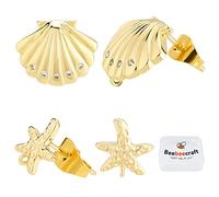 Beebeecraft 8 Pezzi 2 Stile 18k Placcato Oro Dell'Orecchio della Vite Prigioniera Stella Marina 925 perni in Argento Sterling Conchiglia degli Orecchini della Vite Prigioniera con Anello