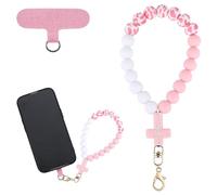 BEEFLYING Braccialetto da Polso in Silicone con Perline per Telefono, Laccetto per Cellulare con Gancetto di Fissaggio, Braccialetto Elastico Hands-Free per Portachiavi (Rosa e Bianco)