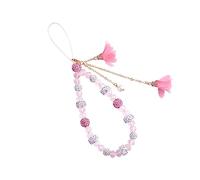 BEEFLYING Ciondolo di Decorazione con Catena di Perle per Cellulare Crystal Flower Mobile Phone Strap Beads per Portachiavi per Auto (Bianco) (Rosa)