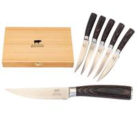 BEEFSTONE Set di coltelli da bistecca, 6 pezzi - Coltelli da chef professionali, impugnatura ergonomica in legno, lama seghettata, idea regalo con cofanetto in legno per la conservazione.