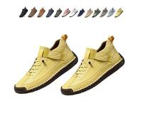 Beelovy Shoes for Men, Easestep Adjustable Leather Sneakers, Soft Comfort & Orthopedic Support, Slip On Lightweight Loafers (Yellow,43)
