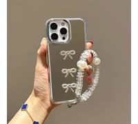 BEENTRYS Cover Specchio per Realme Neo7X 5G / P3 Custodia,Design Fiocco Strass Donne Ragazze Brillante Morbida Sottile TPU Antiurto Protettiva Custodia con Braccialetto Perle-Argento