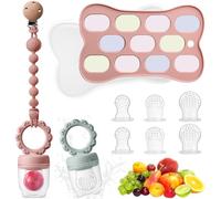 Beeoecm Ciuccio Frutta Neonati, Ciuccio per Alimenti Neonati, 2 Ciuccio per Frutta con 6 Capezzoli in Silicone, 1 Catenella per Capezzoli, 1 Stampo per Cubetti di Ghiaccio 3 a 6+ Mesi (Arancione)