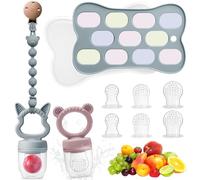 Beeoecm Ciuccio Frutta Neonati, Ciuccio per Alimenti Neonati, 2 Ciuccio per Frutta con 6 Capezzoli in Silicone, 1 Catenella per Capezzoli, 1 Stampo per Cubetti di Ghiaccio 3 a 6+ mesi (Blu)