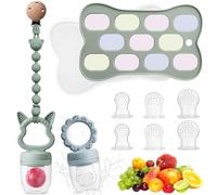 Beeoecm Ciuccio Frutta Neonati, Ciuccio per Alimenti Neonati, 2 Ciuccio per Frutta con 6 Capezzoli in Silicone, 1 Catenella per Capezzoli, 1 Stampo per Cubetti di Ghiaccio 3 a 6+ Mesi (Verde)