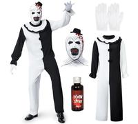 Beeoecm Costume Art the Clown Uomo, Costume Clown Horror Halloween Kit di Travestimento Clown Terrifier Uomo con Tuta Bianca Nera e Maschera Cappello Clown Terrifier per Halloween Carnevale (S)
