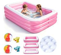 Beeoecm Piscina Gonfiabile Bambini, Piscina rettangolare con 2 palloni da spiaggia e 2 mini pistole ad acqua, Piscinetta con Pareti Ispessite per Giardino, Esterno e Feste Estive (Rosa)