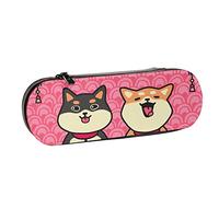 BEEOFICEPENG Astuccio, simpatico cane seduto con due Shiba Inu, astuccio in pelle, astuccio per penne, scuola per ufficio, portagioie, porta pennelli per trucco