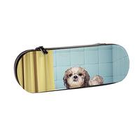 BEEOFICEPENG Astuccio, simpatico cane Shitzu, astuccio in pelle, astuccio per penne, scuola per ufficio, portagioielli, porta pennelli per trucco