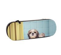 BEEOFICEPENG Astuccio, simpatico cane Shitzu bagnato nella vasca da bagno, astuccio in pelle, borsa per penne, scuola per ufficio, portagioie, porta pennelli per trucco.