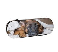 BEEOFICEPENG Astuccio, simpatico pastore tedesco in una coperta sul letto, astuccio in pelle, astuccio per penne, scuola per ufficio, portagioie, porta pennelli per trucco