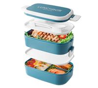 Beeptrum Bento Lunch Box Impilabile,Contenitori da 1400 ml con 4 scomparti e posate, scatole a 2 strati a prova di perdite, per adulti, bambini, ufficio, lavabili in lavastoviglie e microonde (Blu)