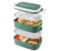 Beeptrum Bento Lunch Box Impilabile,Contenitori da 1400 ml con 4 scomparti e posate, scatole a 2 strati a prova di perdite, per adulti, bambini, ufficio, lavabili in lavastoviglie e microonde (Verde)