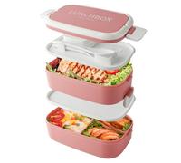Beeptrum Bento Lunch Box Impilabile,Contenitori da 1400 ml con 4 scomparti e posate, scatole a 2 strati a prova di perdite, per adulti, bambini, ufficio, lavabili in lavastoviglie e microonde (Rosa)