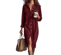 BeerMmay Abito longuette da donna in velluto a coste, con bottoni, risvolto fluido, tunica svasata, a pieghe, maxi abito con tasche, Rosso vinaccia, M