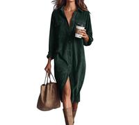 BeerMmay Abito longuette da donna in velluto a coste, con bottoni, risvolto fluido, tunica svasata, a pieghe, maxi abito con tasche, Verde scuro, S