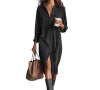 BeerMmay Abito longuette da donna in velluto a coste, con bottoni, risvolto fluido, tunica svasata, a pieghe, maxi abito con tasche, Nero , XS