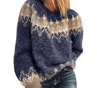 BeerMmay Donna Autunno/Inverno Girocollo Casual Sciolto Mohair Grosso Maglia Jacquard Donna Maglione, Blu, M