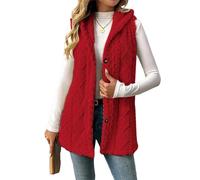 BeerMmay Gilet da donna con cappuccio, 2025 inverno autunno foderato in pile senza maniche, gilet oversize lungo morbido e peloso, Rosso, S