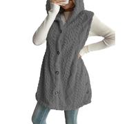 BeerMmay Gilet da donna con cappuccio, 2025 inverno autunno foderato in pile senza maniche, gilet oversize lungo morbido e peloso, grigio, S