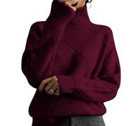 BeerMmay Maglione da donna a collo alto a rombi, maglione lavorato a maglia oversize, alla moda per autunno inverno, Rosso vinaccia, XL