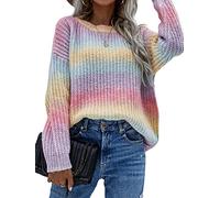 BeerMmay Regenbogen-Strickpullover für Damen, Y2K-Strickpullover, Farbblock, Rundhalsausschnitt, Langarm-Pullover, C-Regenbogen, L
