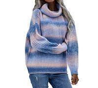 BeerMmay Regenbogen-Strickpullover für Damen, Y2K-Strickpullover, Farbblock, Rundhalsausschnitt, Langarm-Pullover, A-Blau, M