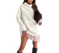 BeerMmay Set mini abito da donna con maglione a collo alto, che combina dolcevita in pizzo per le donne, tinta unita elegante abito sottoveste con finiture in pizzo, bianco, XL