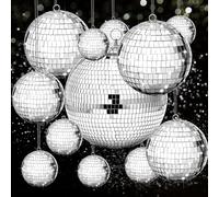 Beeveer Set di 12 sfere a specchio da discoteca, decorazioni per feste, colore argento, riflettenti, per matrimoni, balli, feste, bomboniere (20/15/5/5 cm)