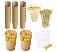 Befeixue Porta patatine fritte, bicchieri per salumi con sacchetti | Tazze per salumi di carta con bastoncini, sacchetti - 50 tazze + 50 sacchetti + 200 stuzzicadenti, scatole di popcorn per patatine