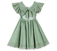 Beganly Ragazza abito da festa bendaggio indietro bambino vestito bambino in pizzo schiena scoperta fiocco pompon svolazzanti maniche abiti da principessa, Verde salvia, 2 anni