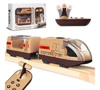 Beginreally Treno elettrico telecomandato per binari in legno, treno motorizzato con 4 effetti sonori e luminosi per bambini di 3 4 5+ anni, compatibile con Thomas,Brio,Chuggington (marrone)