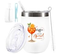 Begonia Tazza da vino in acciaio inox, Aperol Spritz da 12 oz con coperchio, paglia e pennello per cannuccia, bicchiere da vino con caffè perché è troppo presto per Aperol, tazza da vino per caffè