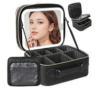 Behaesty Beauty case da viaggio con specchio LED a doppio strato, specchio cosmetico rimovibile con luci, dimmerabile a tre luci, custodia per trucco con divisori regolabili e porta pennelli organizer