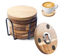 Behogan 10 sottobicchieri in legno rotondo per bicchieri, sottobicchieri in legno con apribottiglie, con supporto, Coasters for Glasses, per bevande, bar, tazze, vetro