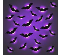 Behogan Set di 24 adesivi a forma di pipipistrello a LED per Halloween, decorazione da parete 3D, con batteria, per interni ed esterni