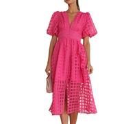 behound Square Patterned Fabric Puff Sleeve Dress, Summer Casual Puffy Short Sleeve V Neck Midi Dresses (Rose,XL)