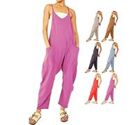 behound Wide Leg Jumpsuit with Pockets Women Plus Size Casual Loose Sleeveless Spaghetti Strap Solid Color Jumpsuits Rompers (Purple,S)